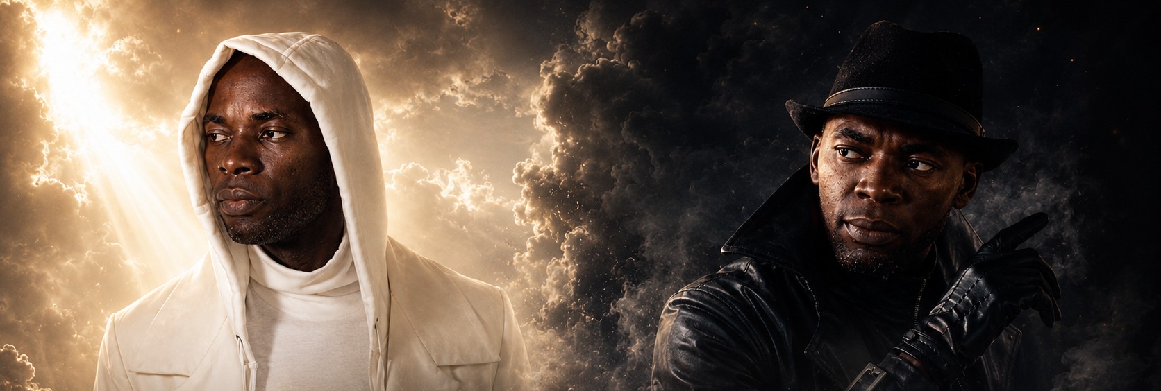 Cinematic key art for the Voices in My Head (VIMH) series, featuring Holy One in white and Whisper in black.